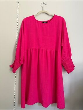 Bright Pink Smocked Sleeve Tunic Dress